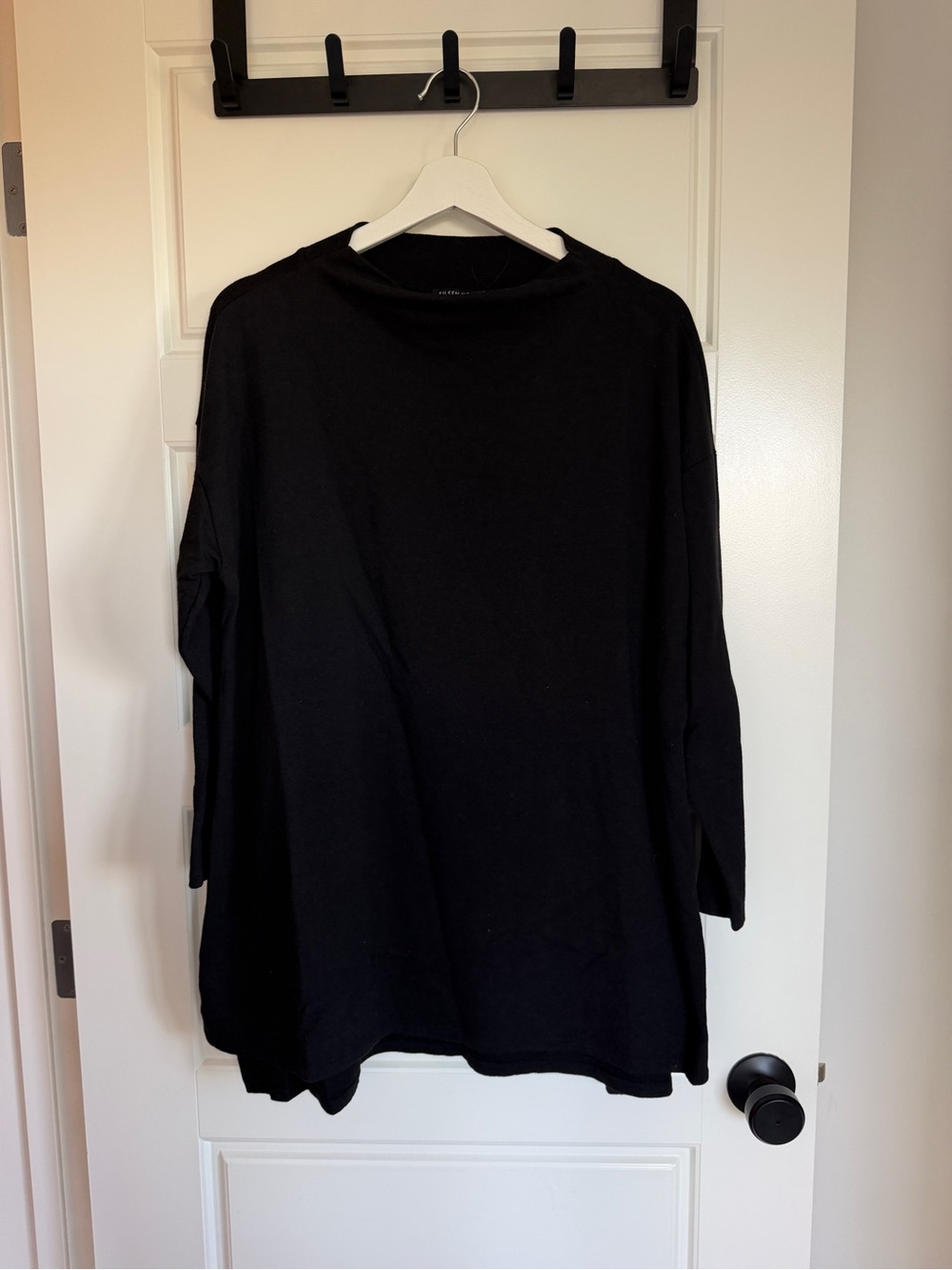 Eileen Fisher Cozy Brushed Terry Hug Funnel Neck Long Top Black Large